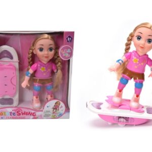 magical cute purple doll & brown hair riding rotation swing skating board, lights & Music with colorful skating lights, dynamic music & flexible rotation doll with battery, doll for girls