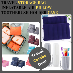 Travel Combo Deal – 6 PCs Travel Clothes Storage Bag Pouch | Inflatable Air Pillow Cushion | Portable Toothbrush Holder Case ( Random Color )