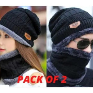 Couple Pack of 2 Combo – woolen winter beanie Head cap with neck warmer muffler for men and women (Random color)